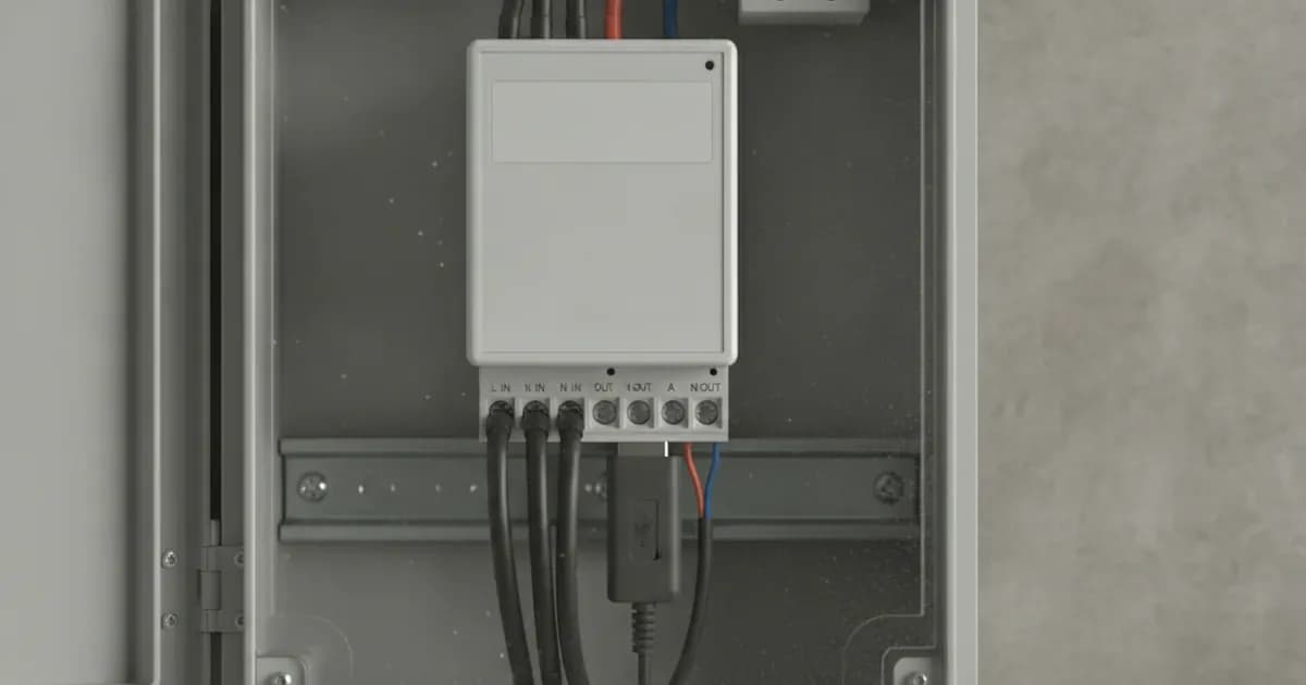 A close-up shot of a Victron ET112 or ET340 energy meter connected to a Victron RS485-to-USB cable, showing the terminal block and wire colours — SolarNevs spec card