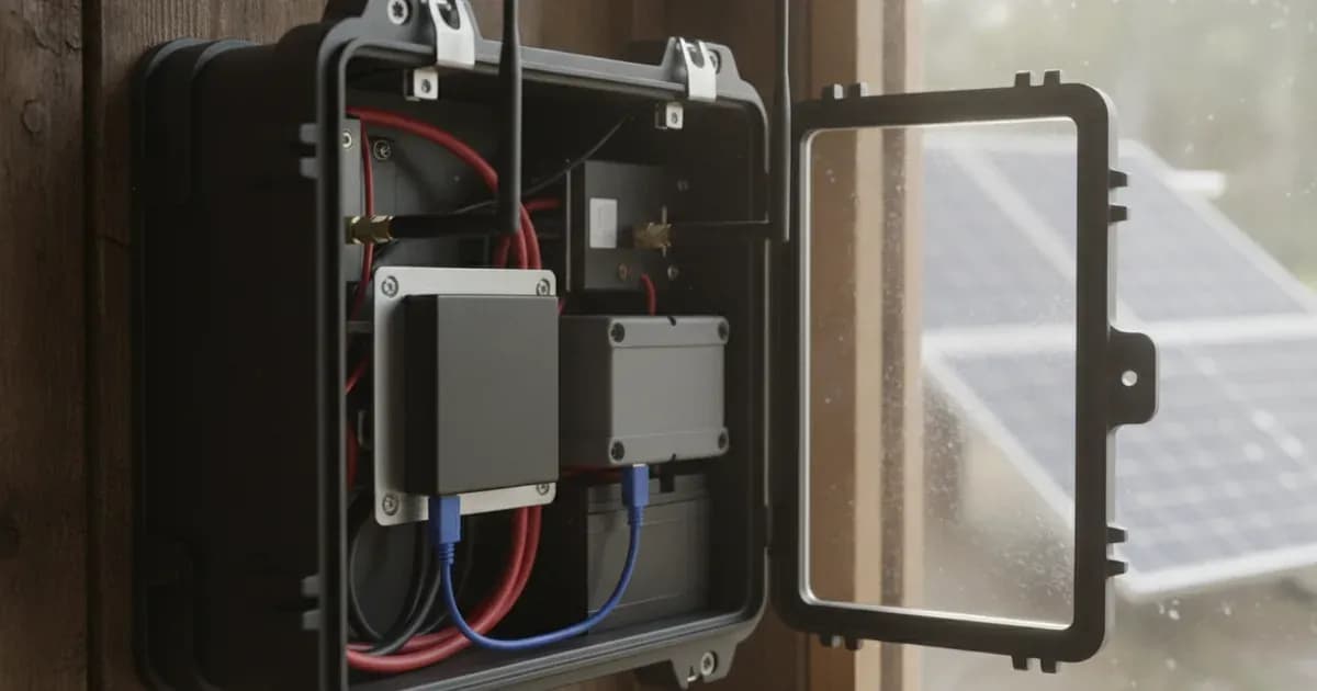 Victron GX LTE 4G cellular modem connected via USB to a Cerbo GX system controller in an off-grid solar enclosure with antennas mounted — SolarNevs spec card