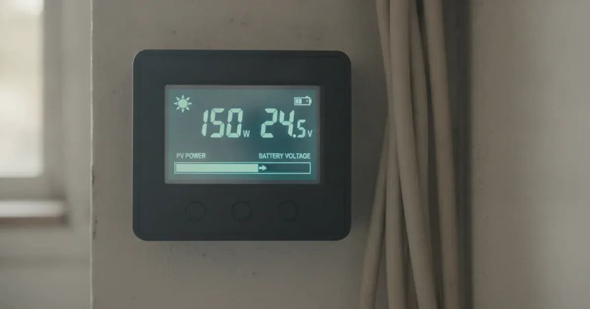 Close-up photo of the Victron MPPT Control display showing real-time PV power and battery voltage — SolarNevs spec card