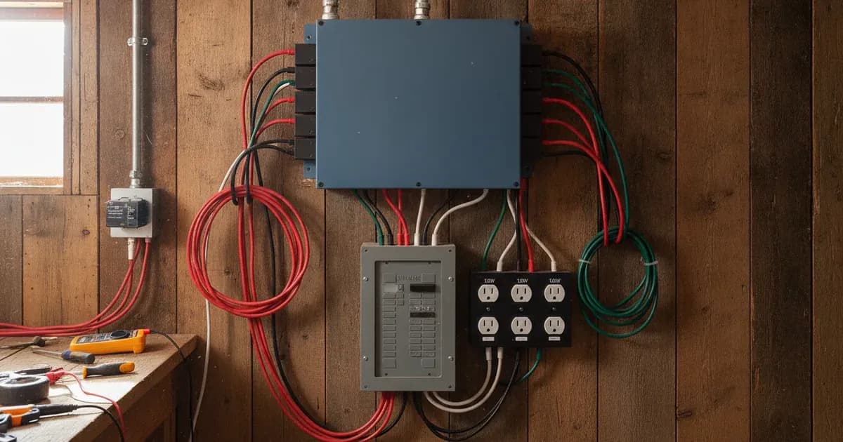Victron MultiPlus-II 2x120V inverter charger mounted on a utility wall in an off-grid cabin with split-phase 120V/240V distribution subpanel wiring — SolarNevs spec card