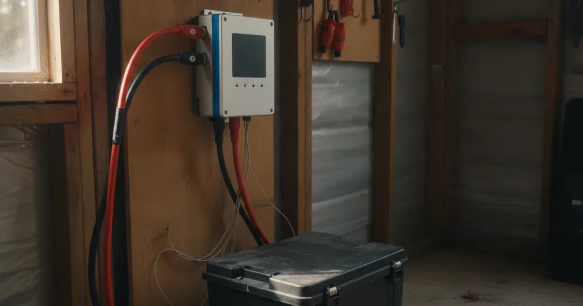 Victron SmartSolar MPPT 100/20 charge controller mounted in an off-grid solar installation with solar PV DC inputs and battery cabling connected — SolarNevs spec card