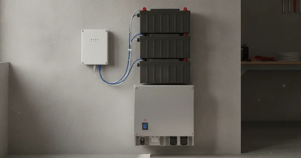 Victron VE.Bus BMS V2 module wall-mounted next to a bank of Victron Lithium Battery Smart 12.8V batteries and a MultiPlus-II inverter/charger — SolarNevs spec card