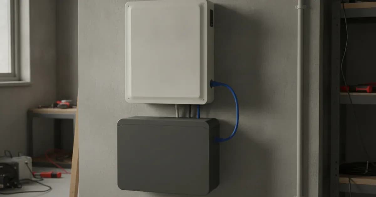 Photo of a Victron MultiPlus inverter connected to an LG Chem RESU battery, showing the CAN-bus cable — SolarNevs spec card