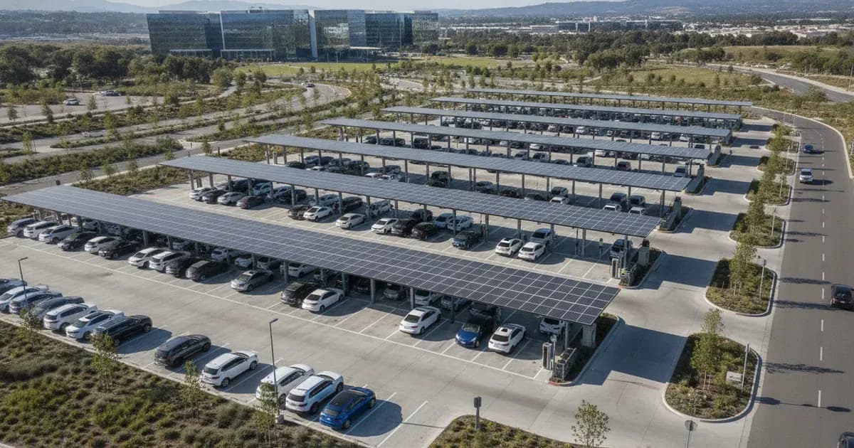 An aerial view of a modern EV charging hub with solar canopies, showing multiple charging points and parked electric vehicles — SolarNevs spec card