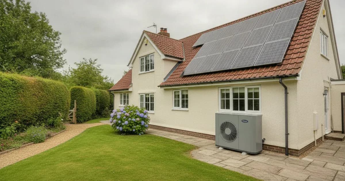A split image showing a rooftop with solar thermal collectors on one side and solar PV panels on the other — SolarNevs spec card