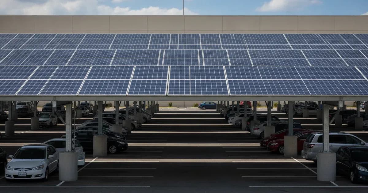 Large commercial parking lot with rows of solar panel canopy structures shading parked cars. — SolarNevs spec card