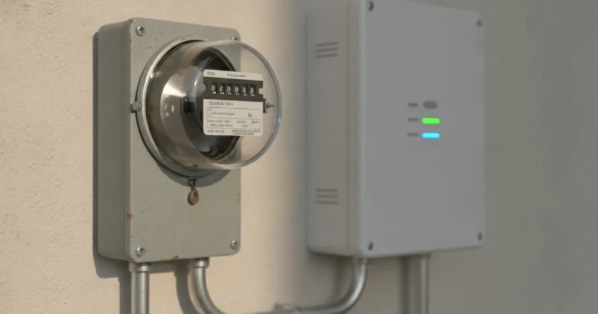 Digital power meter displaying electrical parameters with solar inverter status indicator lights in the background. — SolarNevs spec card