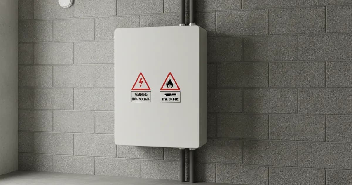 Domestic battery storage unit mounted on a utility room wall with smoke alarms and fire extinguisher nearby. — SolarNevs spec card