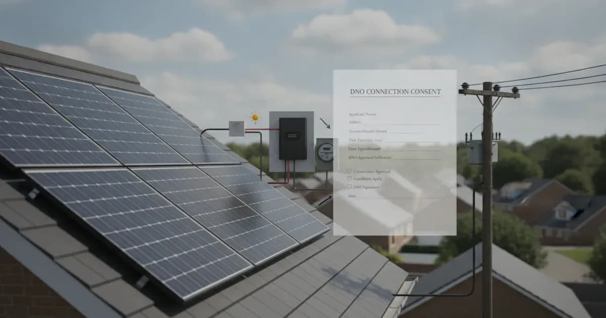 Diagram illustrating a solar PV system connecting to the DNO network, with a DNO consent form overlay — SolarNevs spec card