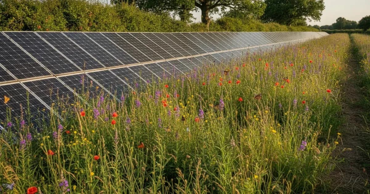 A high quality technical diagram of uk solar farm biodiversity net gain bng planning guide — SolarNevs spec card