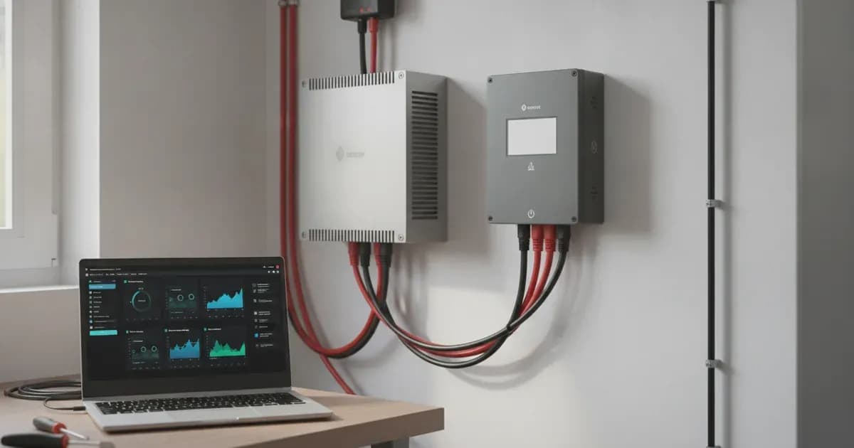 Laptop showing system telemetry on a table next to a wall-mounted inverter charger and gateway. — SolarNevs spec card