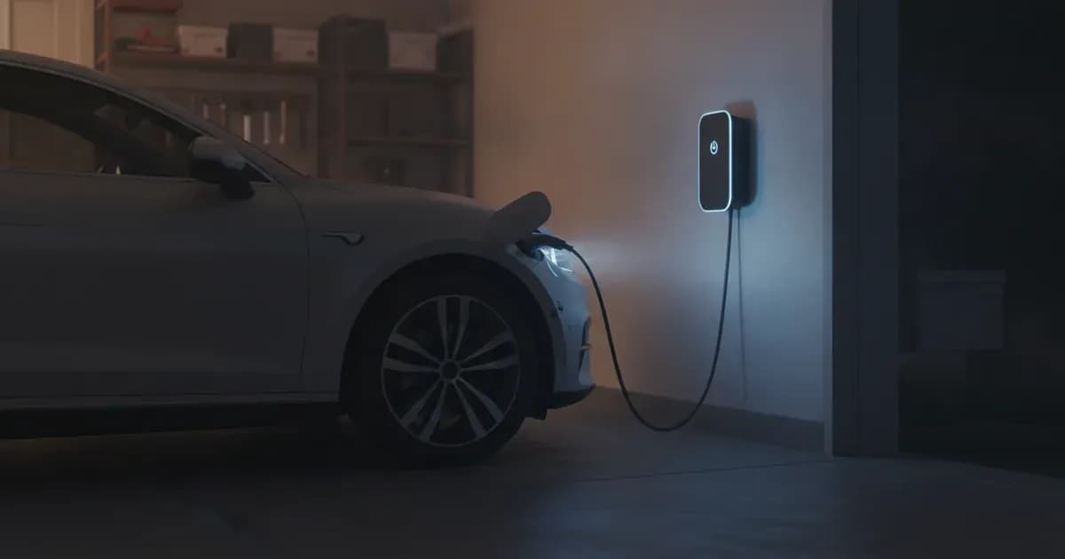 A split image of an EV at a highway fast charger with a coffee cup, and the same car home in a garage overnight — SolarNevs spec card