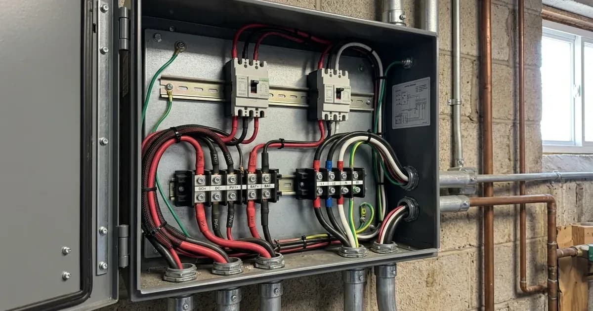 Electrical distribution enclosure showing circuit breakers, busbar terminals, and heavy power conduits. — SolarNevs spec card