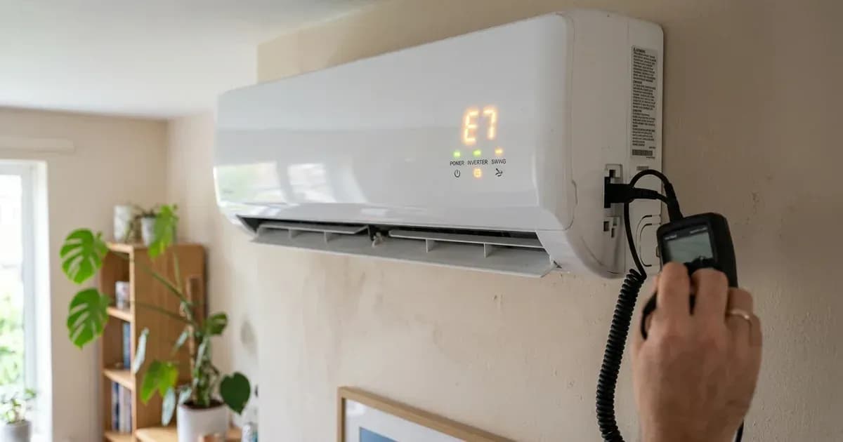 Wall-mounted split inverter air conditioner indoor unit with digital display during maintenance troubleshooting. — SolarNevs spec card