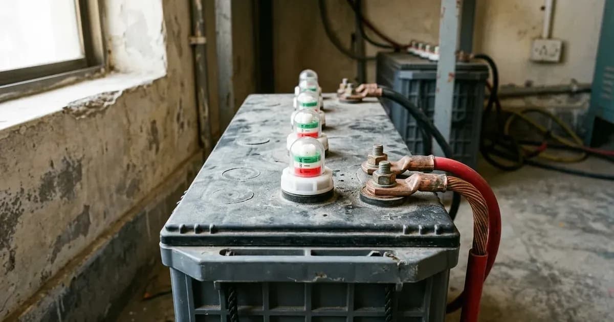 A tubular solar battery showing float water level indicators and heavy terminal connections in a utility room. — SolarNevs spec card