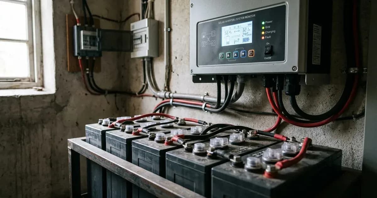 A solar inverter control panel with tall tubular batteries connected below in a home electrical setup. — SolarNevs spec card