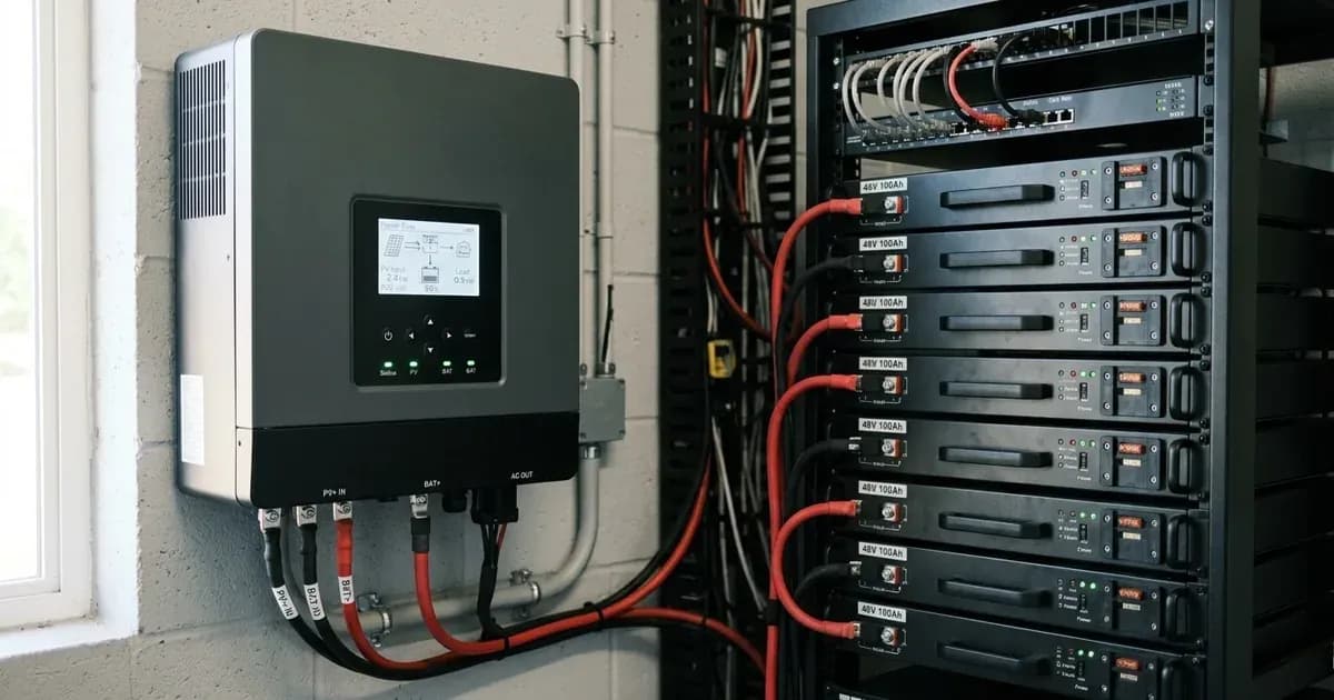 A hybrid solar inverter wall-mounted beside a server rack filled with lithium battery modules. — SolarNevs spec card
