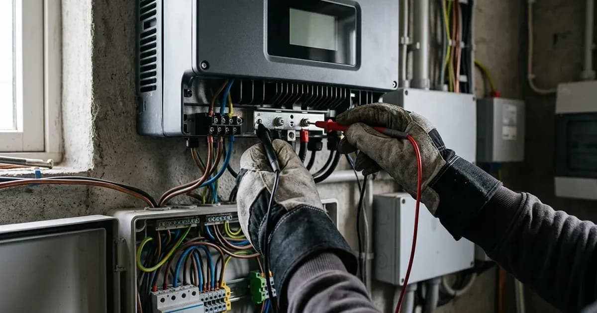Technician using multimeter probes to test electrical wiring terminals on a wall-mounted solar inverter. — SolarNevs spec card
