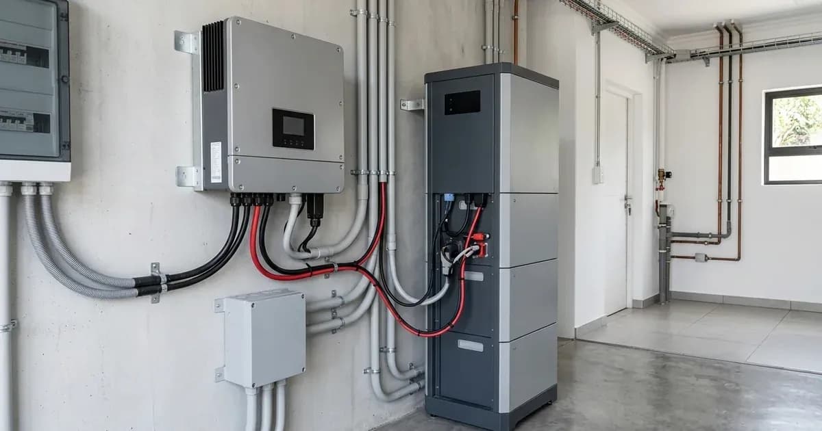 Wall-mounted hybrid solar inverter connected via conduit and DC cabling to a modular battery storage unit. — SolarNevs spec card