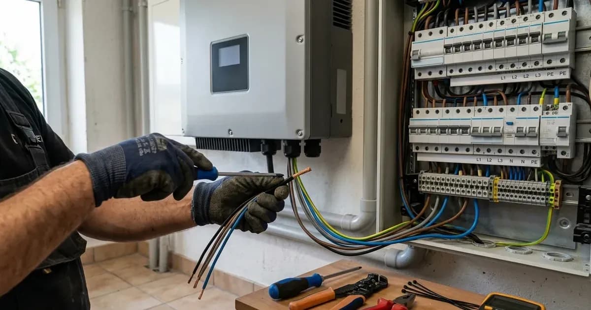 Electrician wiring three-phase cables between a hybrid solar inverter and an open electrical distribution board. — SolarNevs spec card