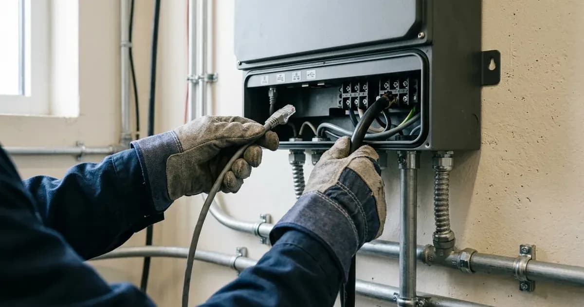 Installer connecting communication and power cables into the wiring bay of a hybrid solar battery inverter. — SolarNevs spec card