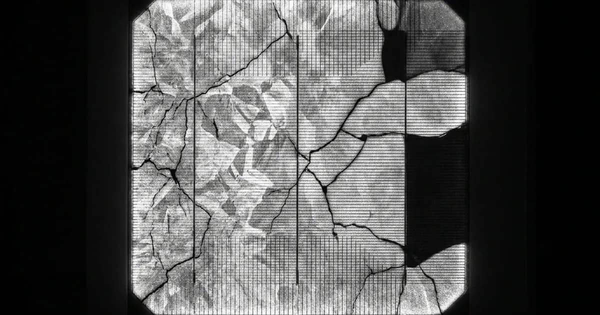 Electroluminescence imaging scan of a solar photovoltaic cell showing dark microcrack lines. — SolarNevs spec card