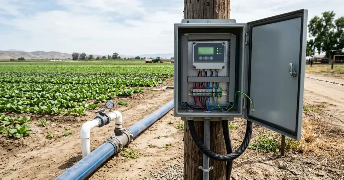 Solar water pump controller box with wiring and status indicators in an agricultural field. — SolarNevs spec card
