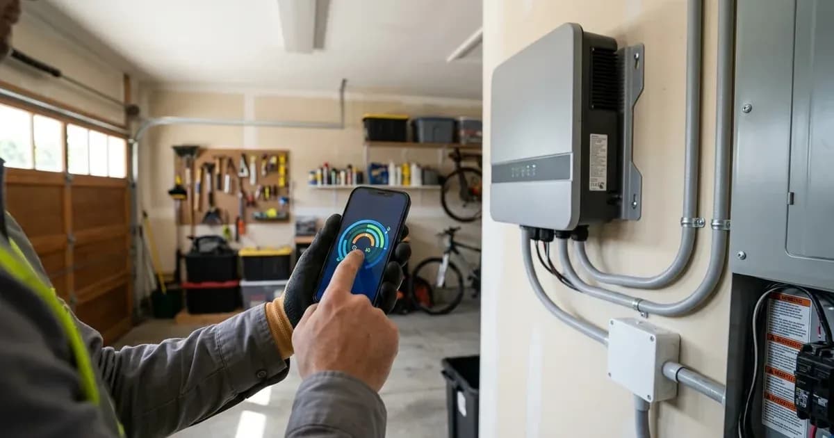 Smartphone commissioning interface held in front of a wall-mounted single-phase solar inverter. — SolarNevs spec card