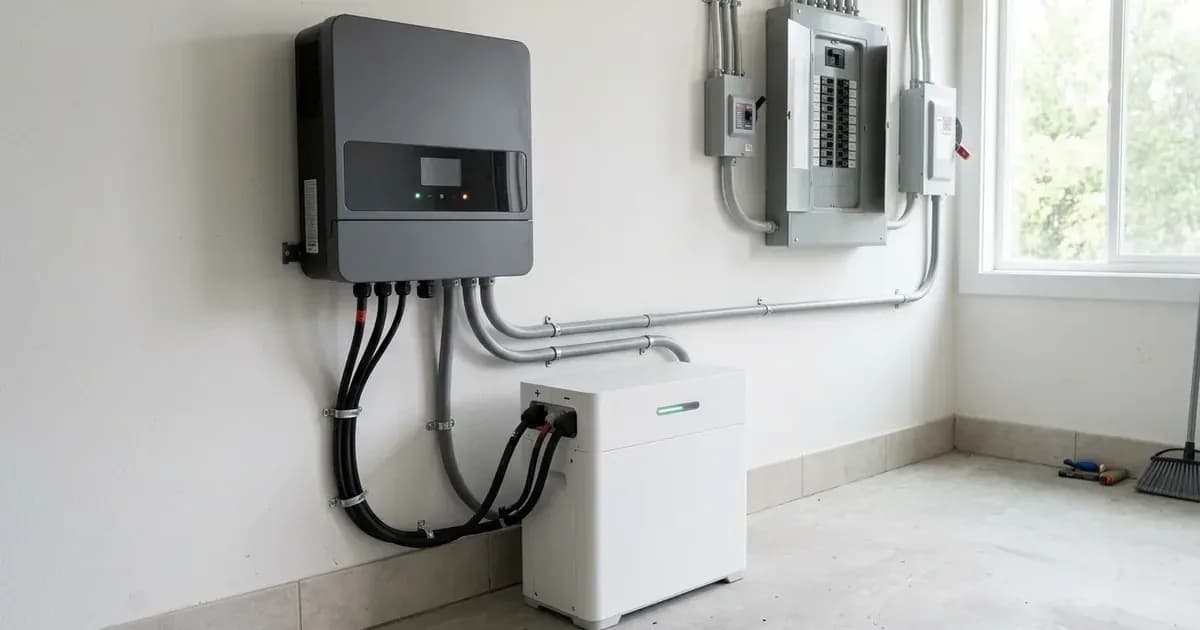 Wall-mounted hybrid solar inverter connected via heavy-duty DC cables to a lithium battery storage unit. — SolarNevs spec card