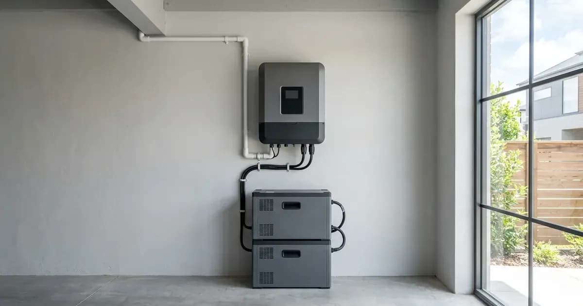 Hybrid solar inverter mounted on an interior wall with modular lithium battery storage units stacked below. — SolarNevs spec card