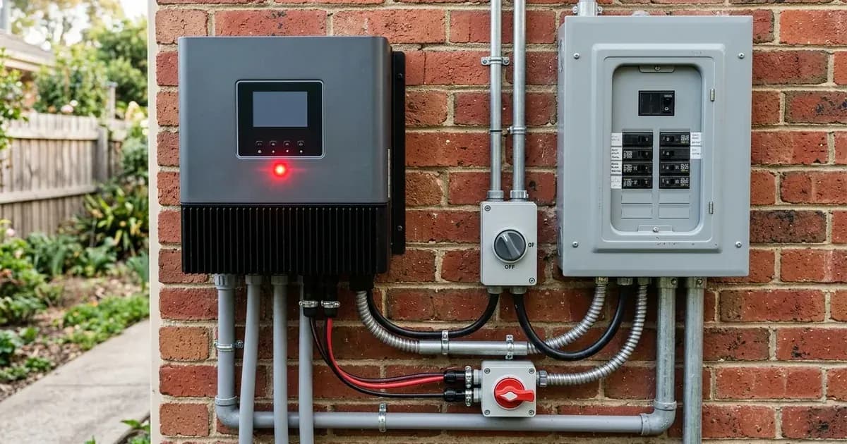 Wall-mounted solar inverter with illuminated red fault light beside an electrical distribution panel on a brick wall. — SolarNevs spec card