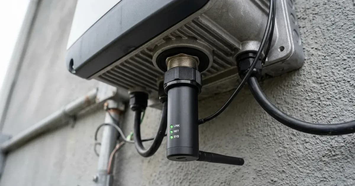 Wi-Fi data logger stick plugged into the bottom communication port of a solar inverter. — SolarNevs spec card