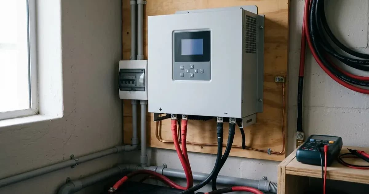 Front panel and controls of a hybrid solar inverter connected to thick DC battery cables. — SolarNevs spec card