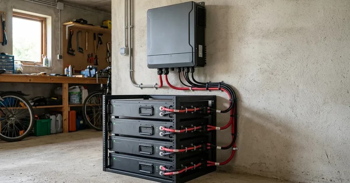 Wall-mounted solar inverter wired to a rack of lithium storage batteries with heavy DC cables. — SolarNevs spec card