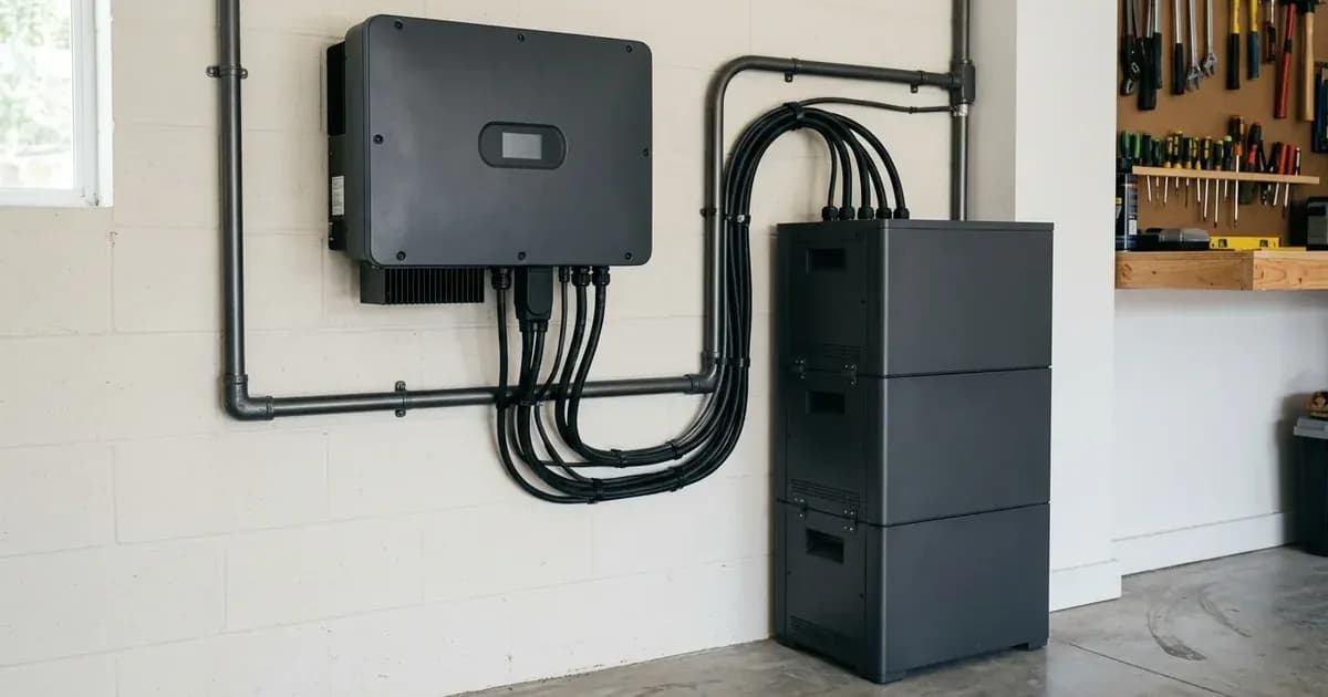 Wall-mounted hybrid solar inverter wired to a vertical modular lithium battery storage unit in a garage. — SolarNevs spec card