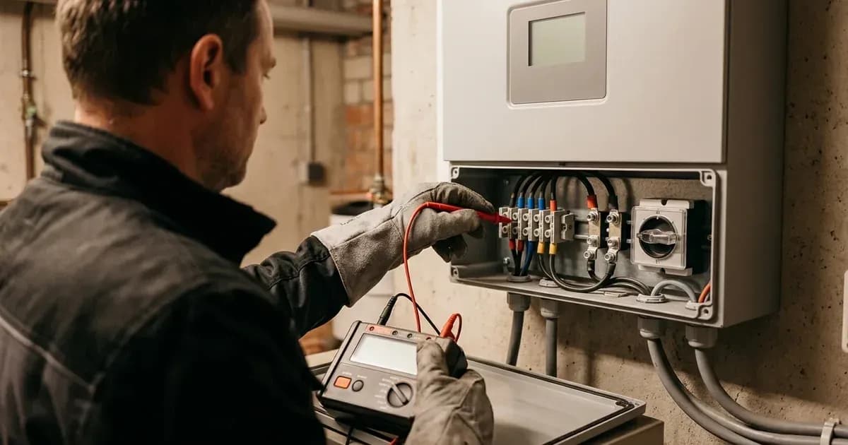 Technician testing terminal block wiring inside a solar inverter lower compartment. — SolarNevs spec card