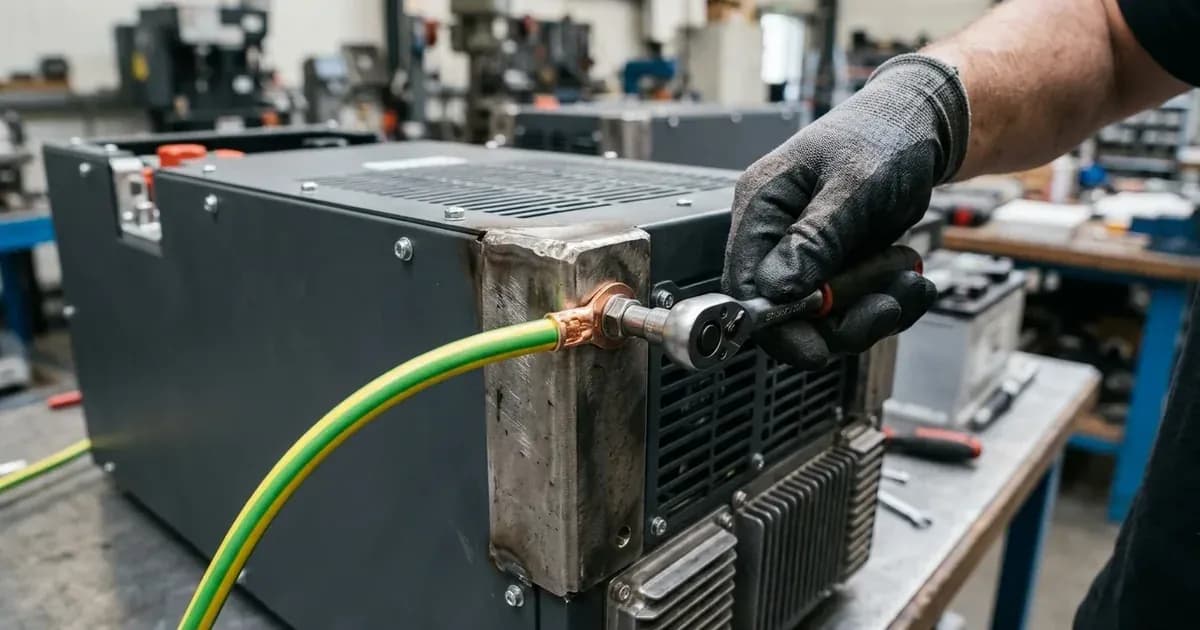 Installer fastening a protective earth grounding cable to the metal terminal of a modular battery unit. — SolarNevs spec card