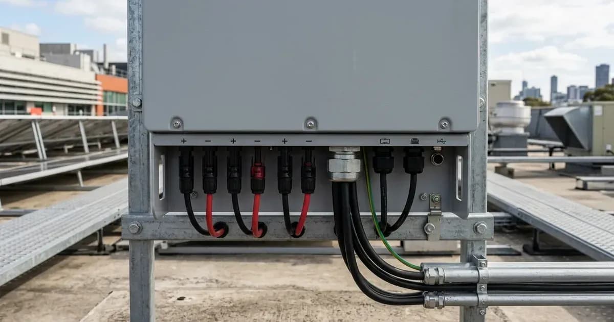 Bottom connection panel of a commercial string inverter showing multiple MC4 DC solar inputs and AC gland. — SolarNevs spec card