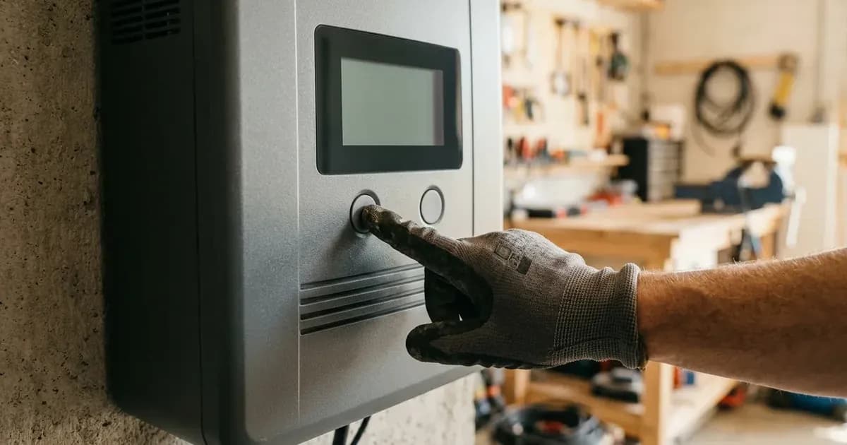 Installer pressing control buttons on the front panel of a solar inverter. — SolarNevs spec card