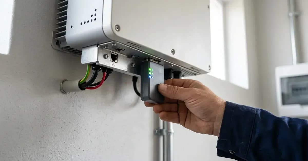 Wi-Fi datalogger dongle with glowing LED indicators connected to the communication port of a solar inverter. — SolarNevs spec card