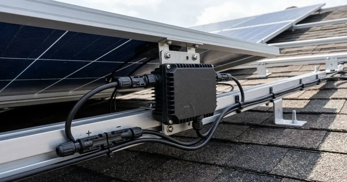 DC power optimizer unit securely mounted to the aluminum racking frame beneath a rooftop solar panel. — SolarNevs spec card