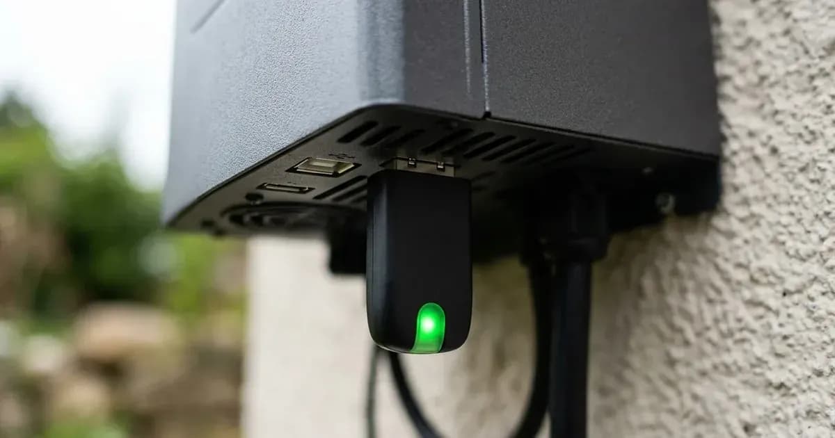Wireless Wi-Fi dongle with illuminated green LED plugged into a solar inverter — SolarNevs spec card