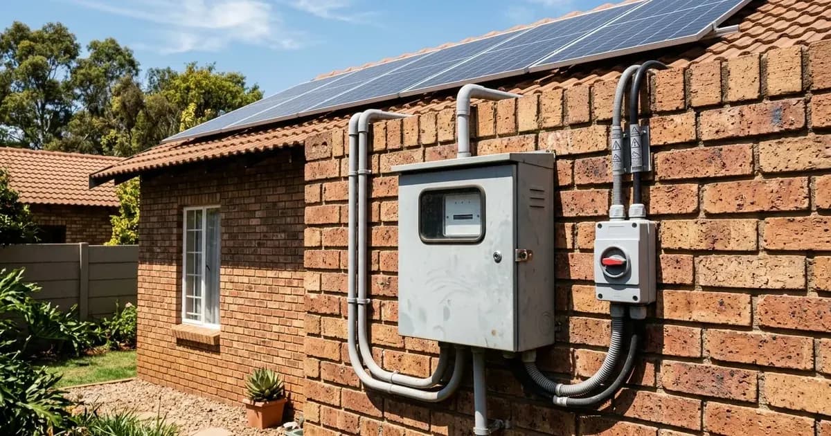 Outdoor utility meter box and solar isolator switch mounted on a South African home — SolarNevs spec card