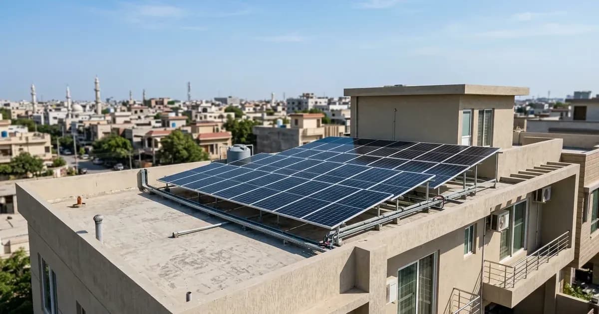 Residential rooftop solar panel array on a home in Hyderabad Pakistan under clear daylight. — SolarNevs spec card