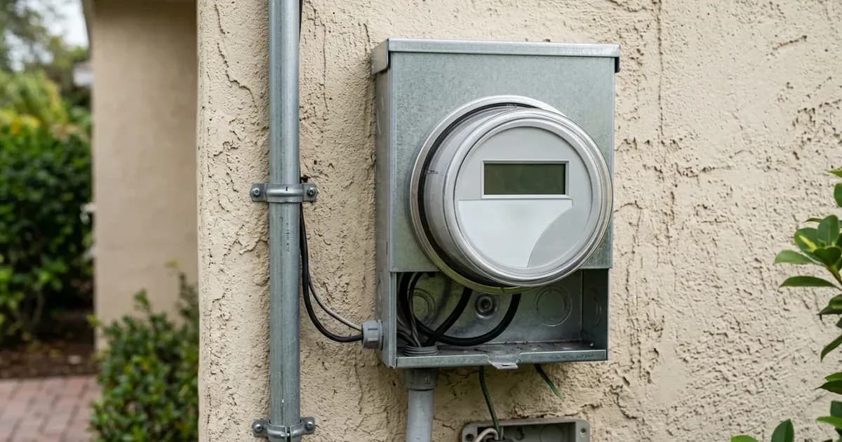Bi-directional utility electricity meter mounted on an exterior wall with electrical conduit. — SolarNevs spec card