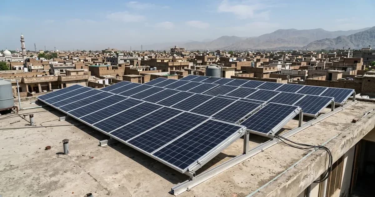 Solar panel array installed on a flat residential rooftop overlooking the Peshawar skyline. — SolarNevs spec card