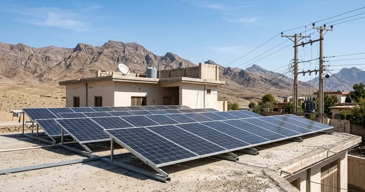 Rooftop solar installation on a house in Quetta with arid mountains in the background. — SolarNevs spec card