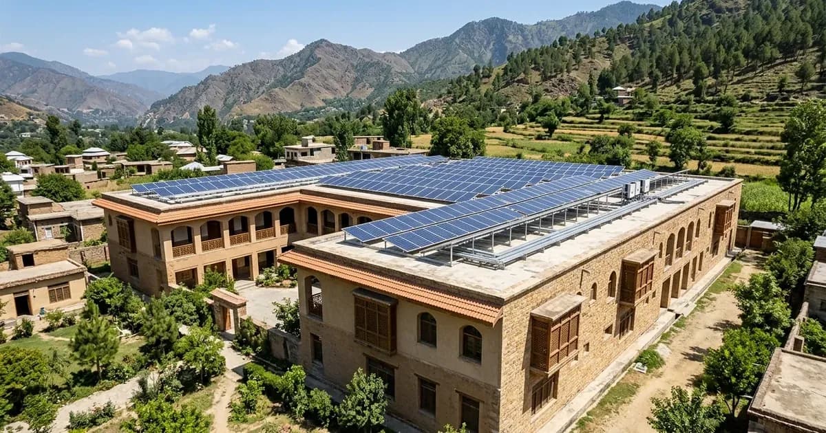 Solar panel array installed on the rooftop of a community school building in Pakistan. — SolarNevs spec card