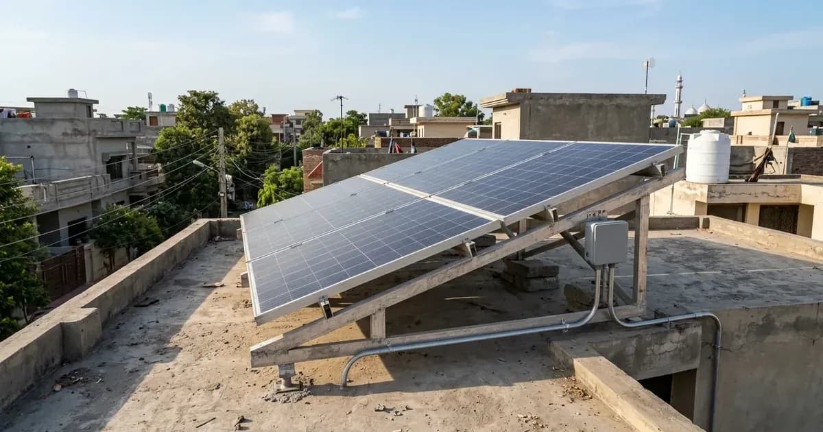 Small residential rooftop solar panel array installed on a flat concrete roof in Pakistan under clear daylight. — SolarNevs spec card