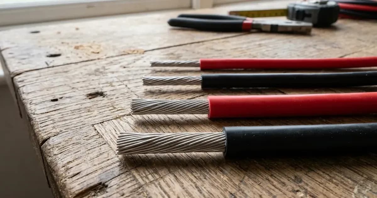 Close-up of stripped solar DC cables showing various gauge sizes and tinned copper conductor strands. — SolarNevs spec card